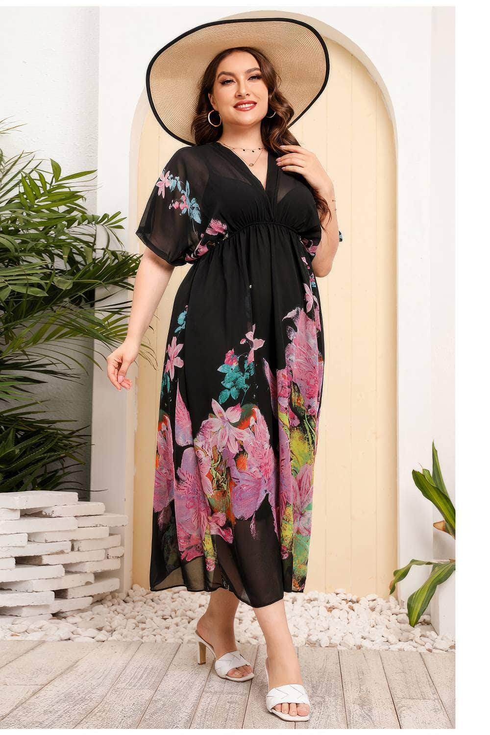 Plus Size Tropical Print Butterfly Sleeves Mesh Dress