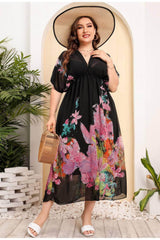 Plus Size Tropical Print Butterfly Sleeves Mesh Dress