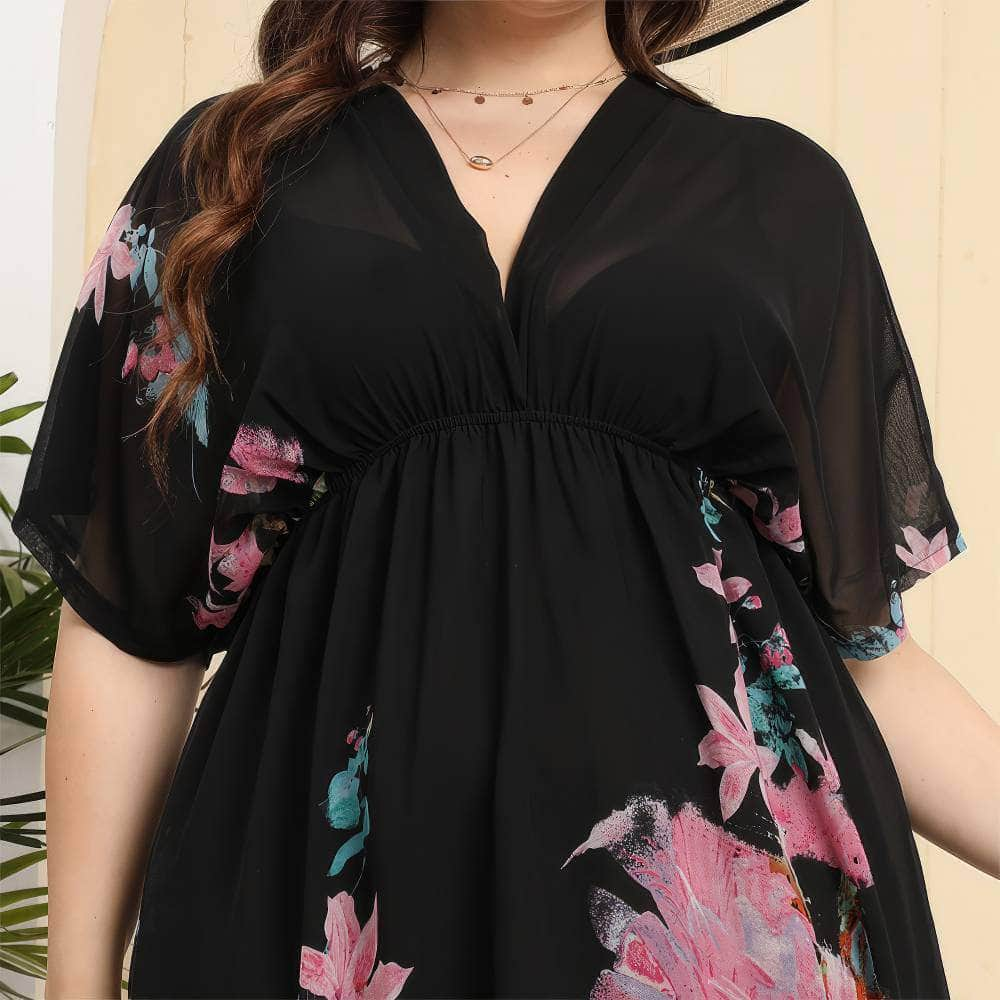 Plus Size Tropical Print Butterfly Sleeves Mesh Dress