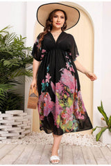 Plus Size Tropical Print Butterfly Sleeves Mesh Dress