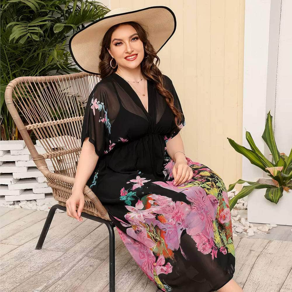 Plus Size Tropical Print Butterfly Sleeves Mesh Dress