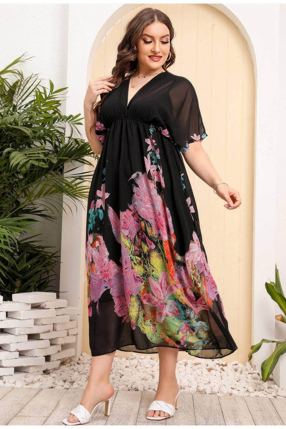 Plus Size Tropical Print Butterfly Sleeves Mesh Dress