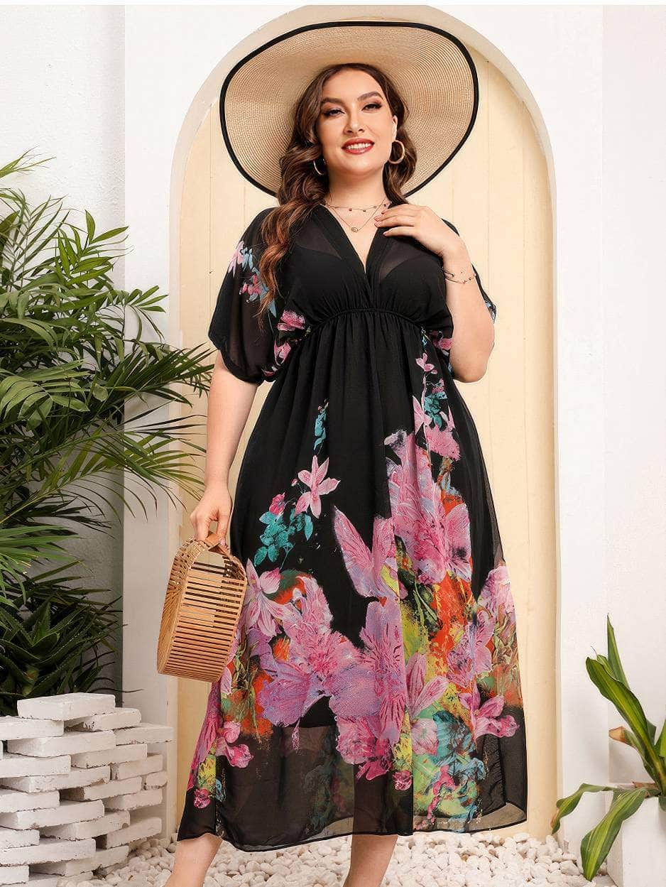 Plus Size Tropical Print Butterfly Sleeves Mesh Dress US 16-18 / Black