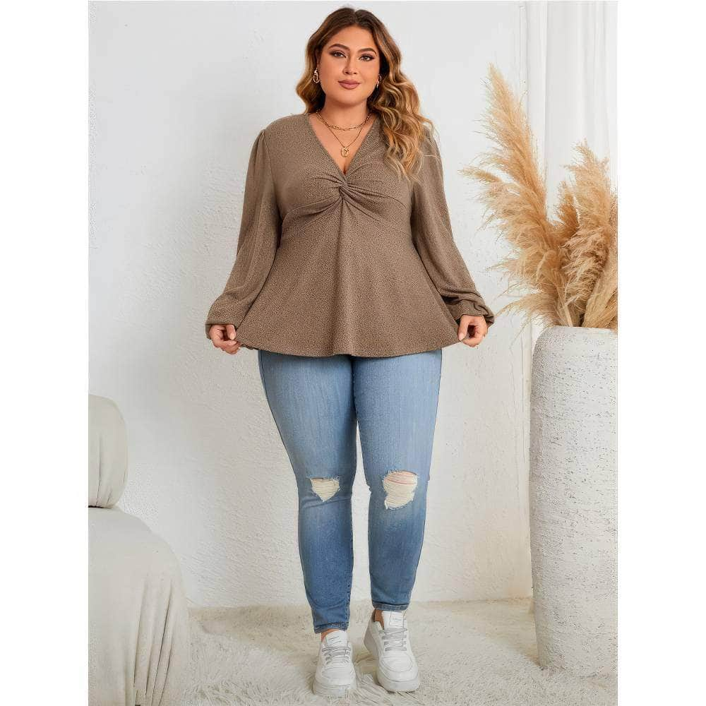 Plus Size Twist Knot Long Sleeves Peplum Blouse