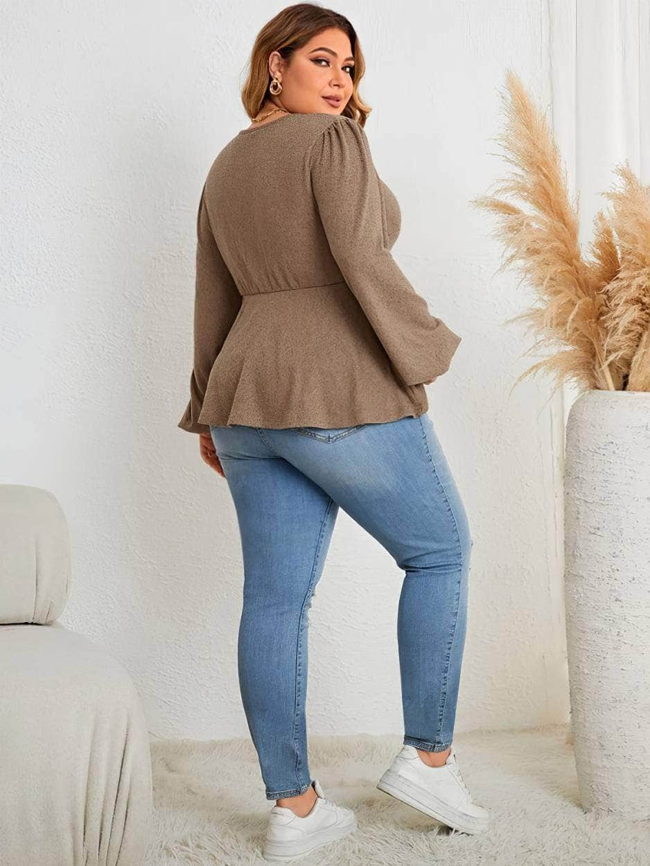 Plus Size Twist Knot Long Sleeves Peplum Blouse