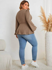 Plus Size Twist Knot Long Sleeves Peplum Blouse