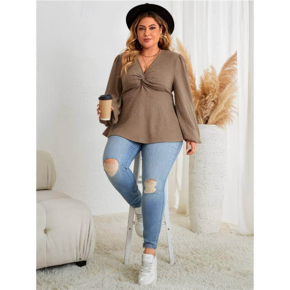 Plus Size Twist Knot Long Sleeves Peplum Blouse