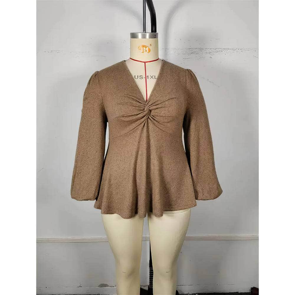 Plus Size Twist Knot Long Sleeves Peplum Blouse