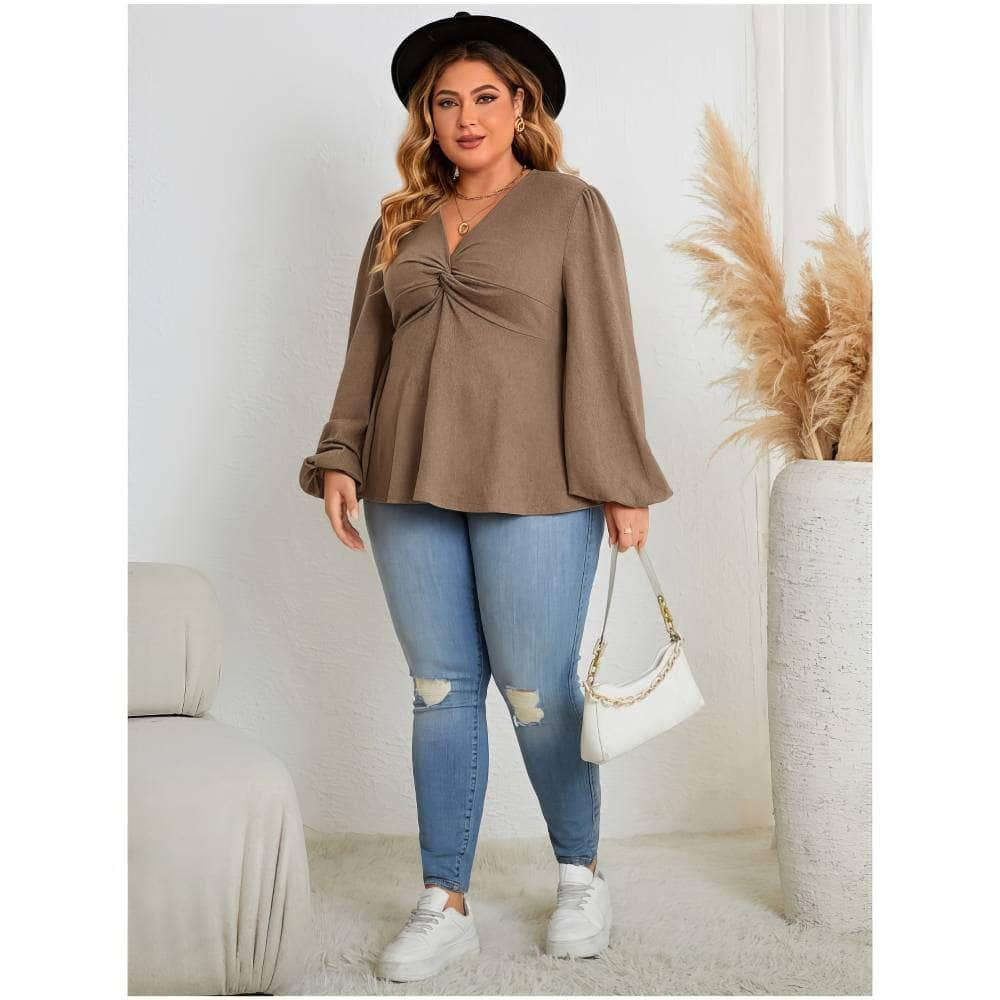 Plus Size Twist Knot Long Sleeves Peplum Blouse