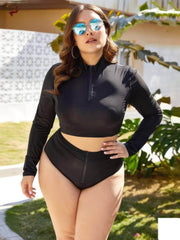 Plus Size Two-Piece Long Sleeves Zipper-Up Collared Swimsuit
