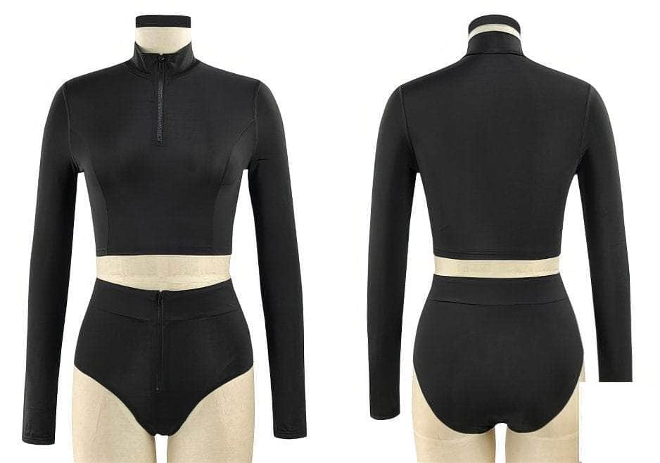 Plus Size Two-Piece Long Sleeves Zipper-Up Collared Swimsuit