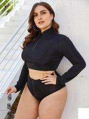 Plus Size Two-Piece Long Sleeves Zipper-Up Collared Swimsuit US 4-6 / Black