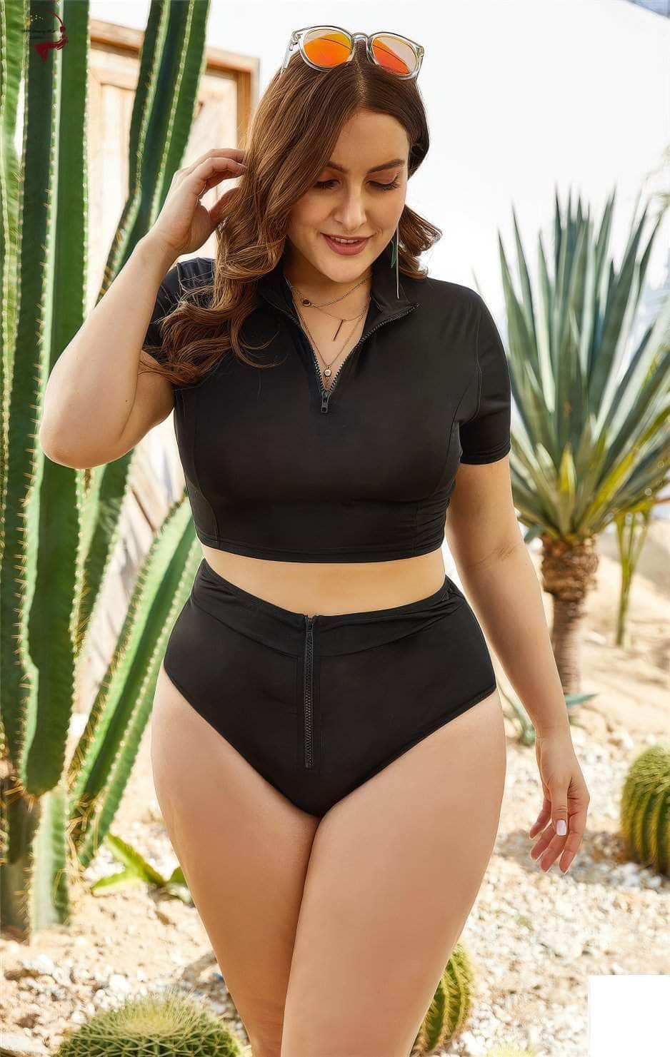 Plus Size Two-Piece Short Sleeves Zipper-Up Collared Swimsuit