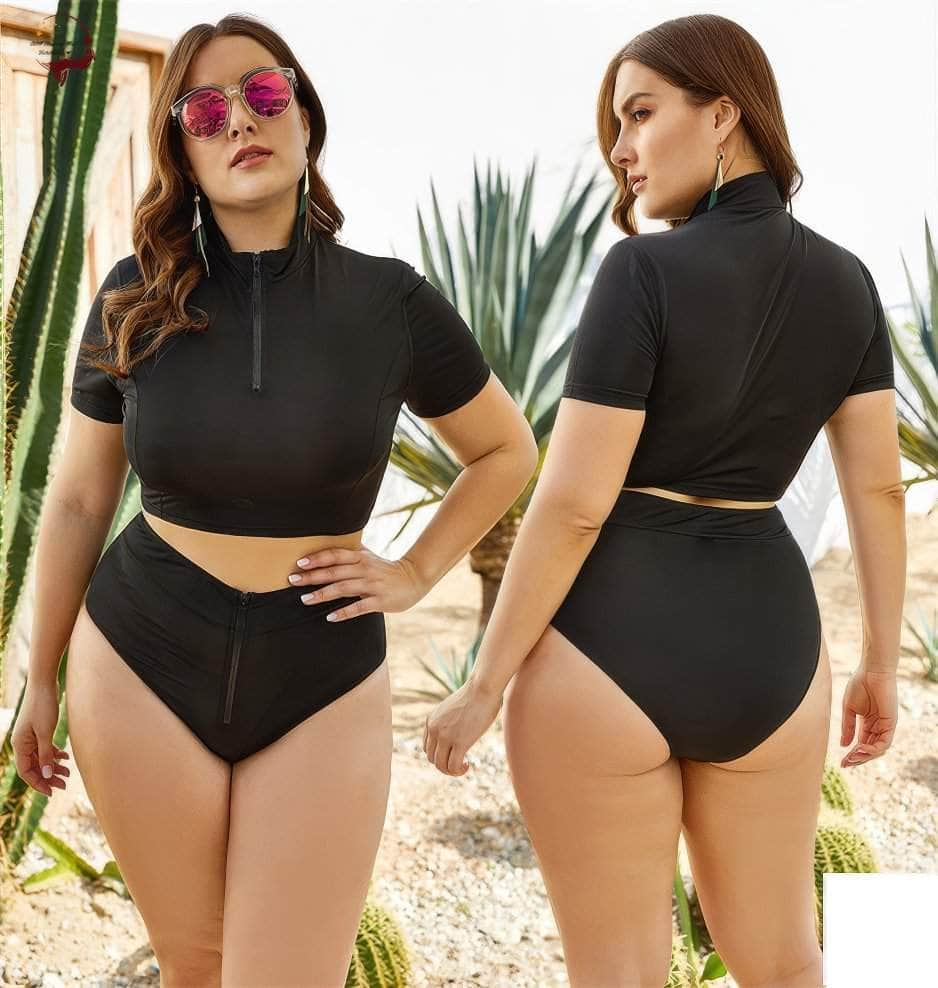 Plus Size Two-Piece Short Sleeves Zipper-Up Collared Swimsuit