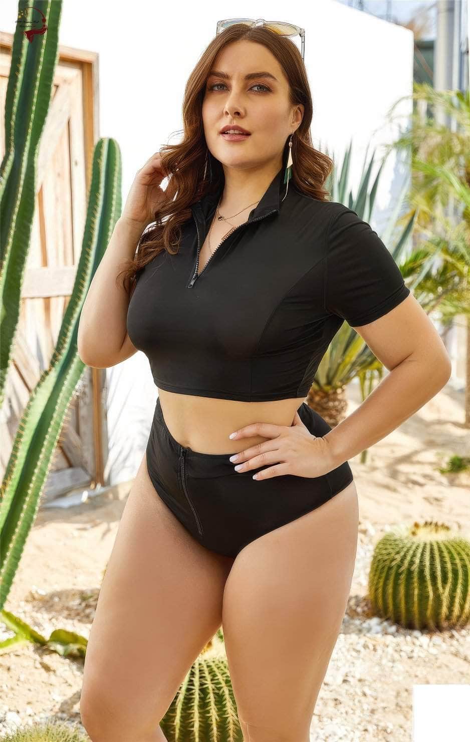Plus Size Two-Piece Short Sleeves Zipper-Up Collared Swimsuit