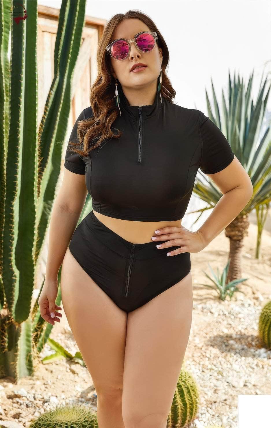 Plus Size Two-Piece Short Sleeves Zipper-Up Collared Swimsuit US 4-6 / Black