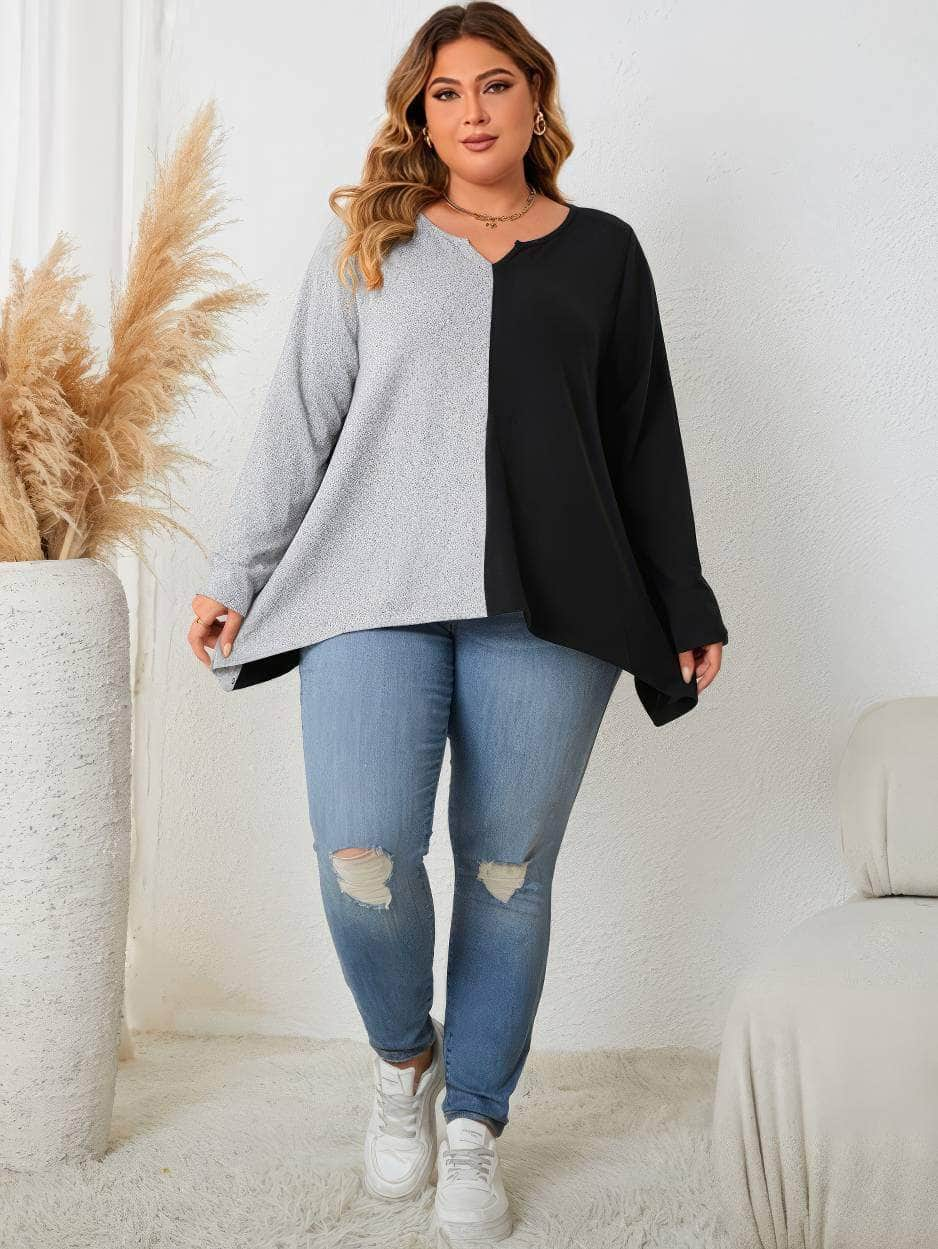 Plus Size Two-Toned Asymmetrical Hem Top US 16-18 / Gray