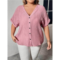 Plus Size Two-Toned Buttoned Down V-neck Short Sleeves Top