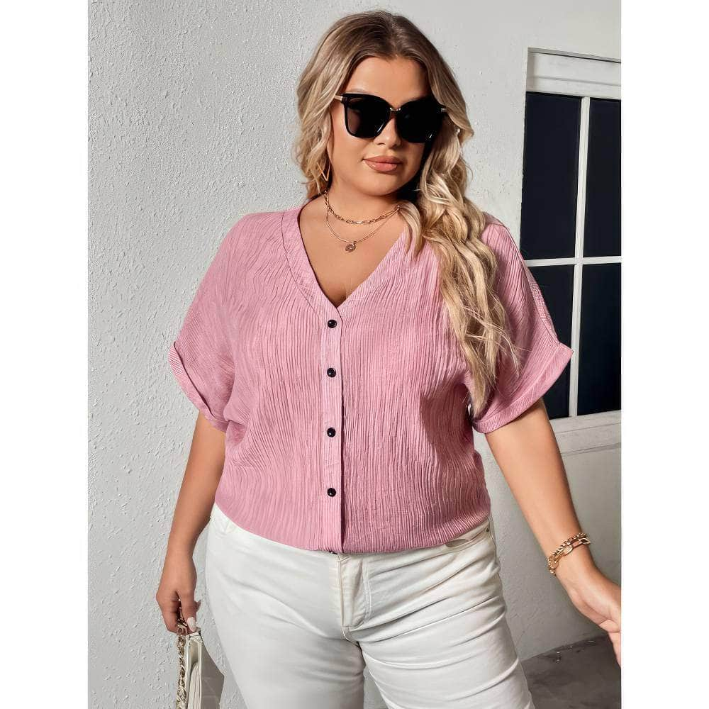 Plus Size Two-Toned Buttoned Down V-neck Short Sleeves Top