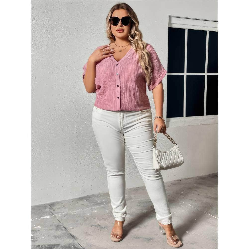 Plus Size Two-Toned Buttoned Down V-neck Short Sleeves Top