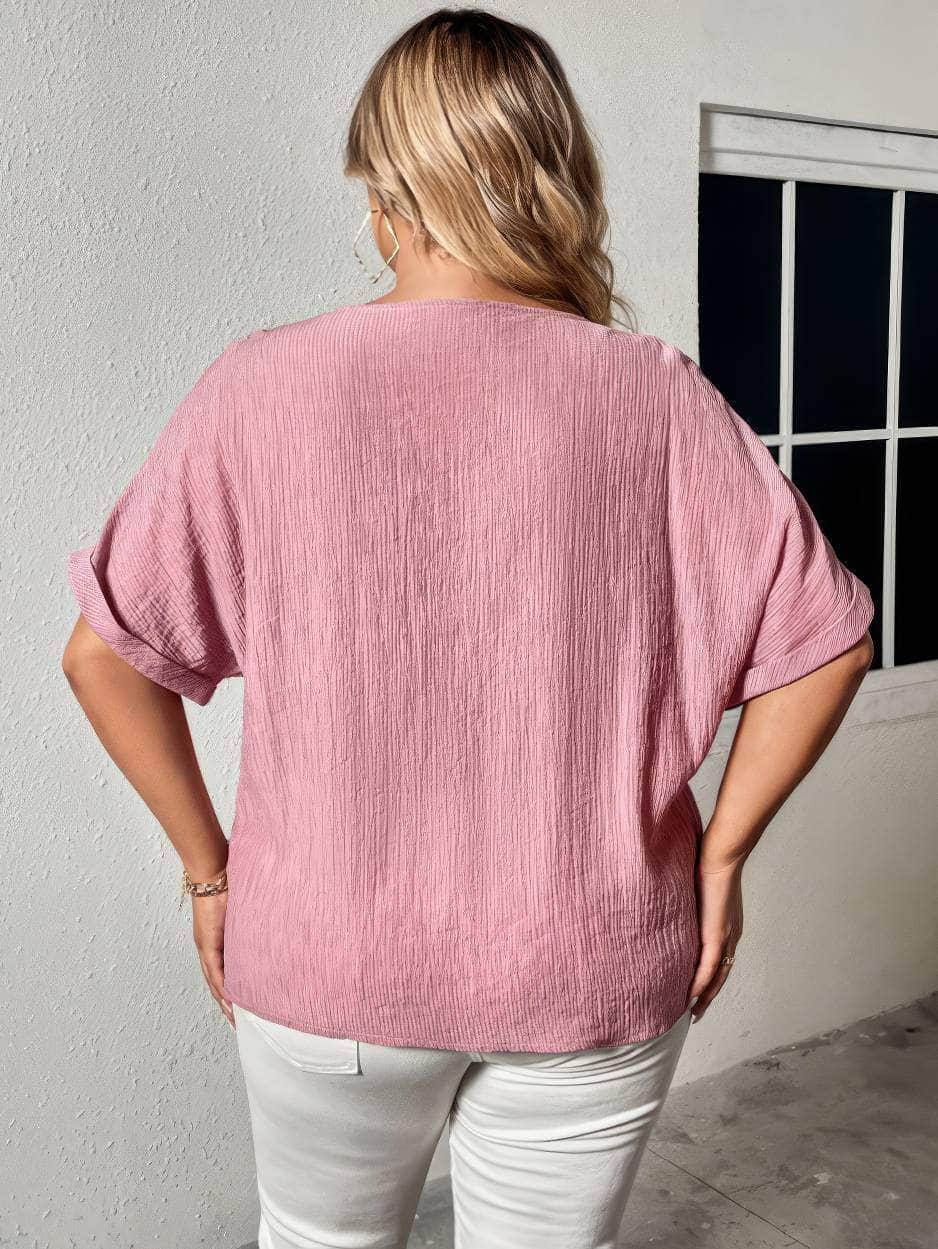 Plus Size Two-Toned Buttoned Down V-neck Short Sleeves Top