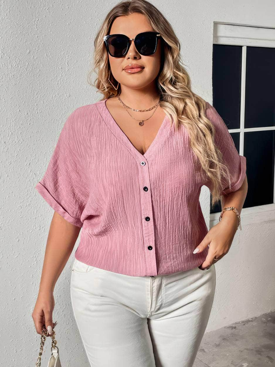 Plus Size Two-Toned Buttoned Down V-neck Short Sleeves Top US 16-18 / Pink