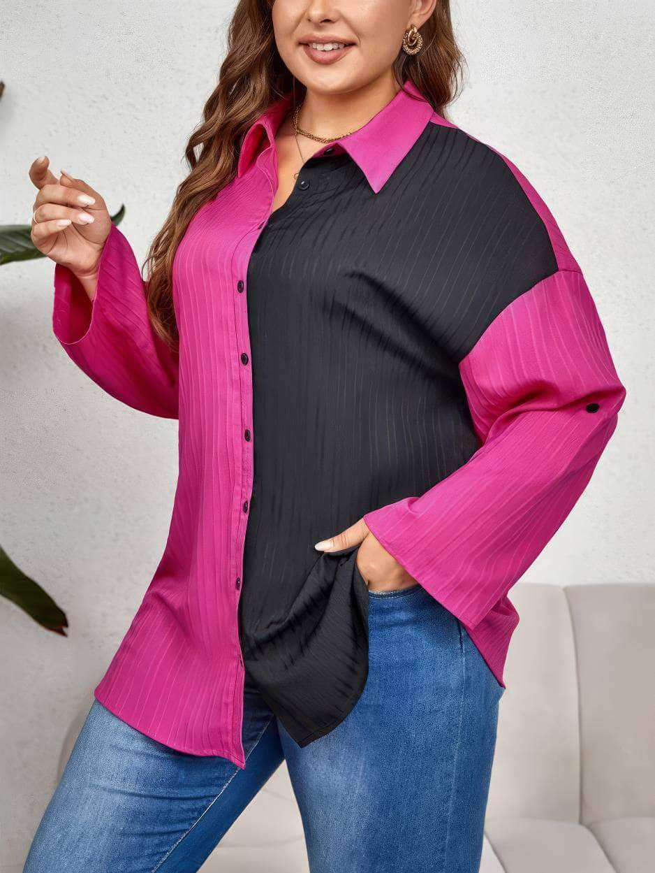 Plus Size Two-Toned Collared Long Sleeves Top