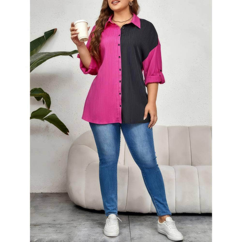 Plus Size Two-Toned Collared Long Sleeves Top