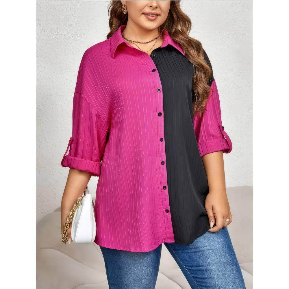 Plus Size Two-Toned Collared Long Sleeves Top