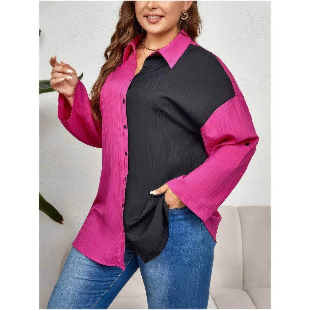 Plus Size Two-Toned Collared Long Sleeves Top