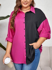 Plus Size Two-Toned Collared Long Sleeves Top US 16-18 / DeepPink