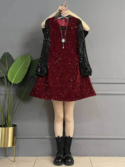 Plus Size Two-Toned Sequin Flared Dress US 16-18 / DarkRed