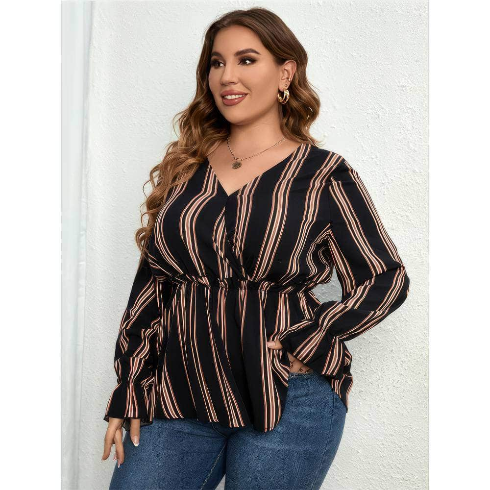 Plus Size Two-Toned Striped Flounce Sleeves Peplum Blouse