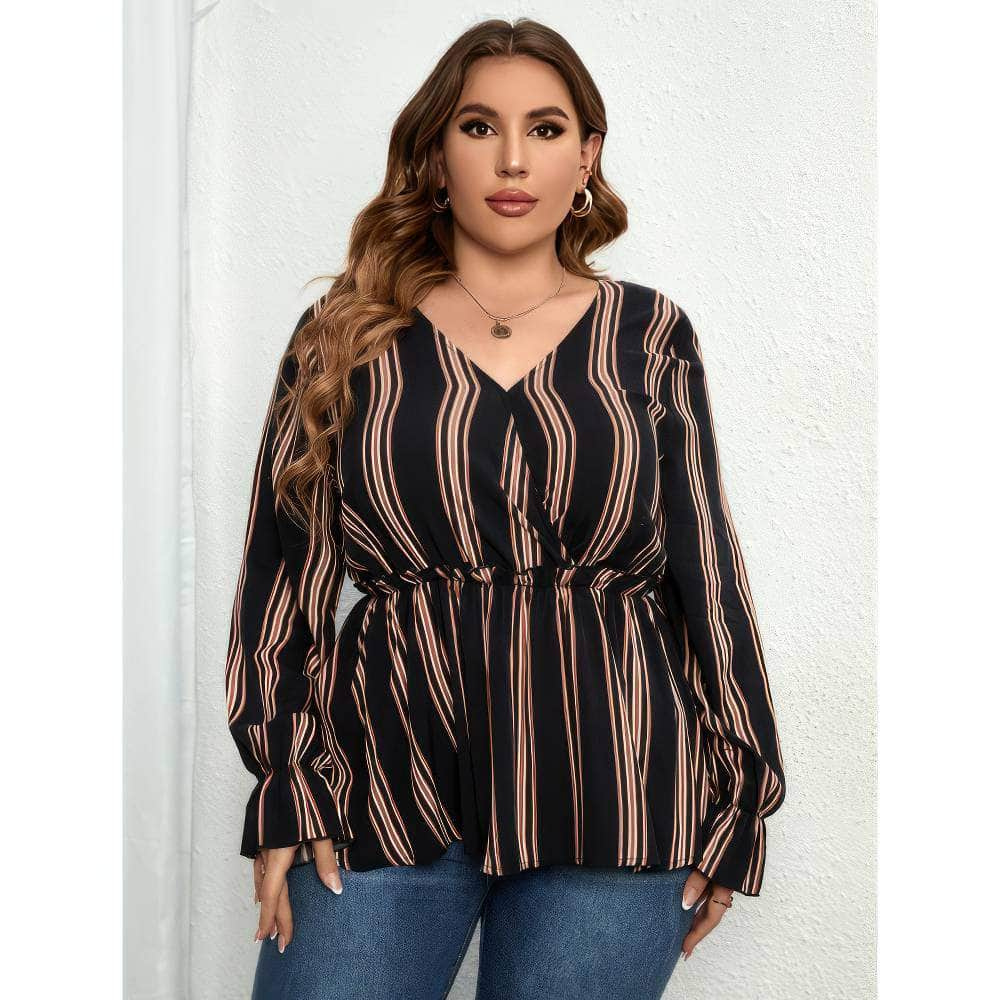 Plus Size Two-Toned Striped Flounce Sleeves Peplum Blouse