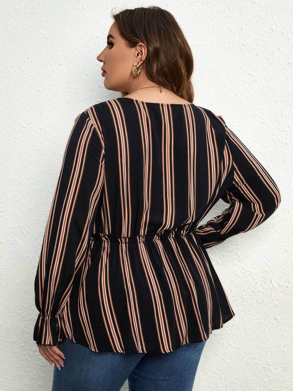 Plus Size Two-Toned Striped Flounce Sleeves Peplum Blouse