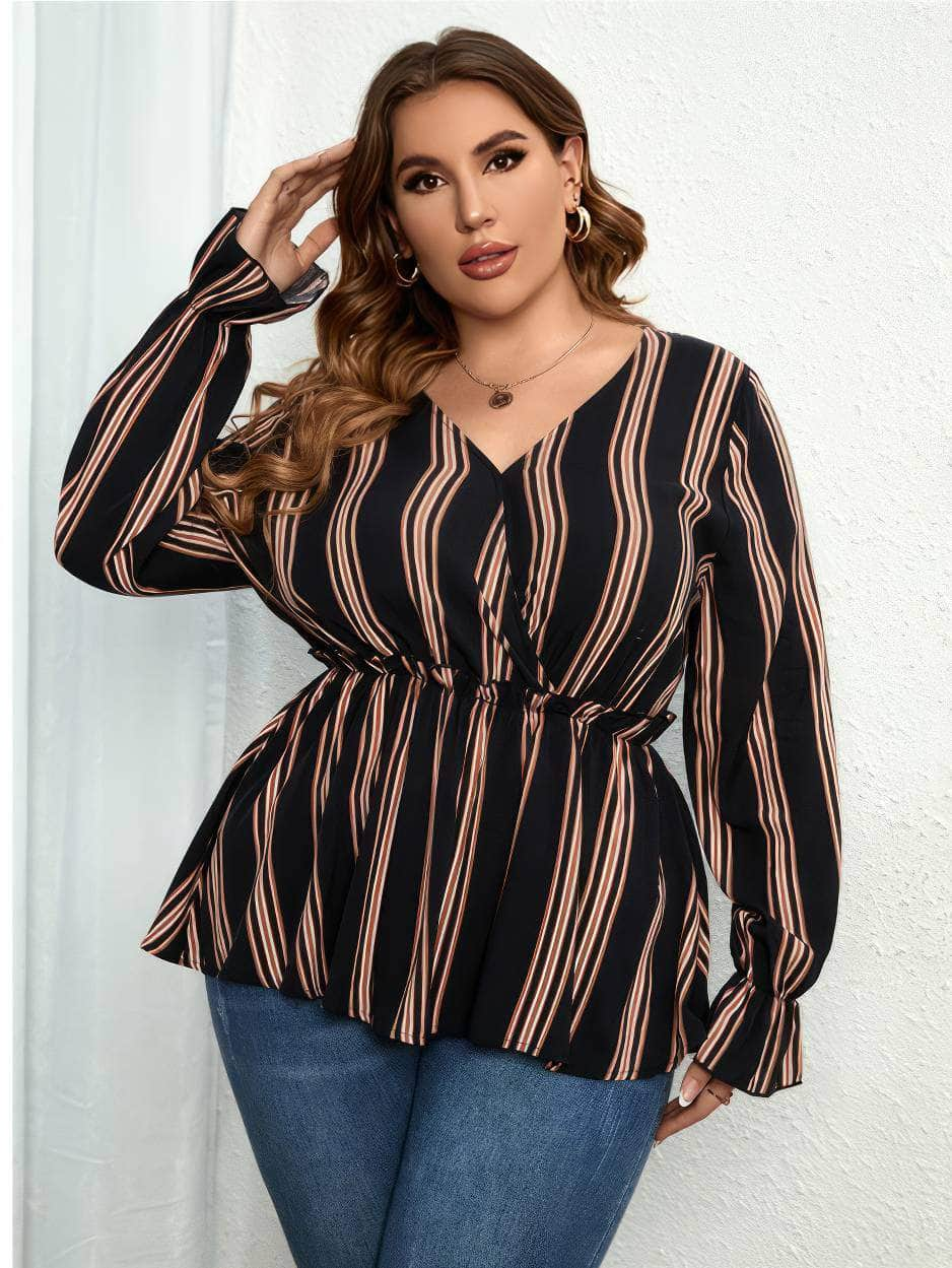 Plus Size Two-Toned Striped Flounce Sleeves Peplum Blouse US 16-18 / Black