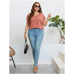 Plus Size V-neck Batwing Sleeves Mesh Detailed Blouse