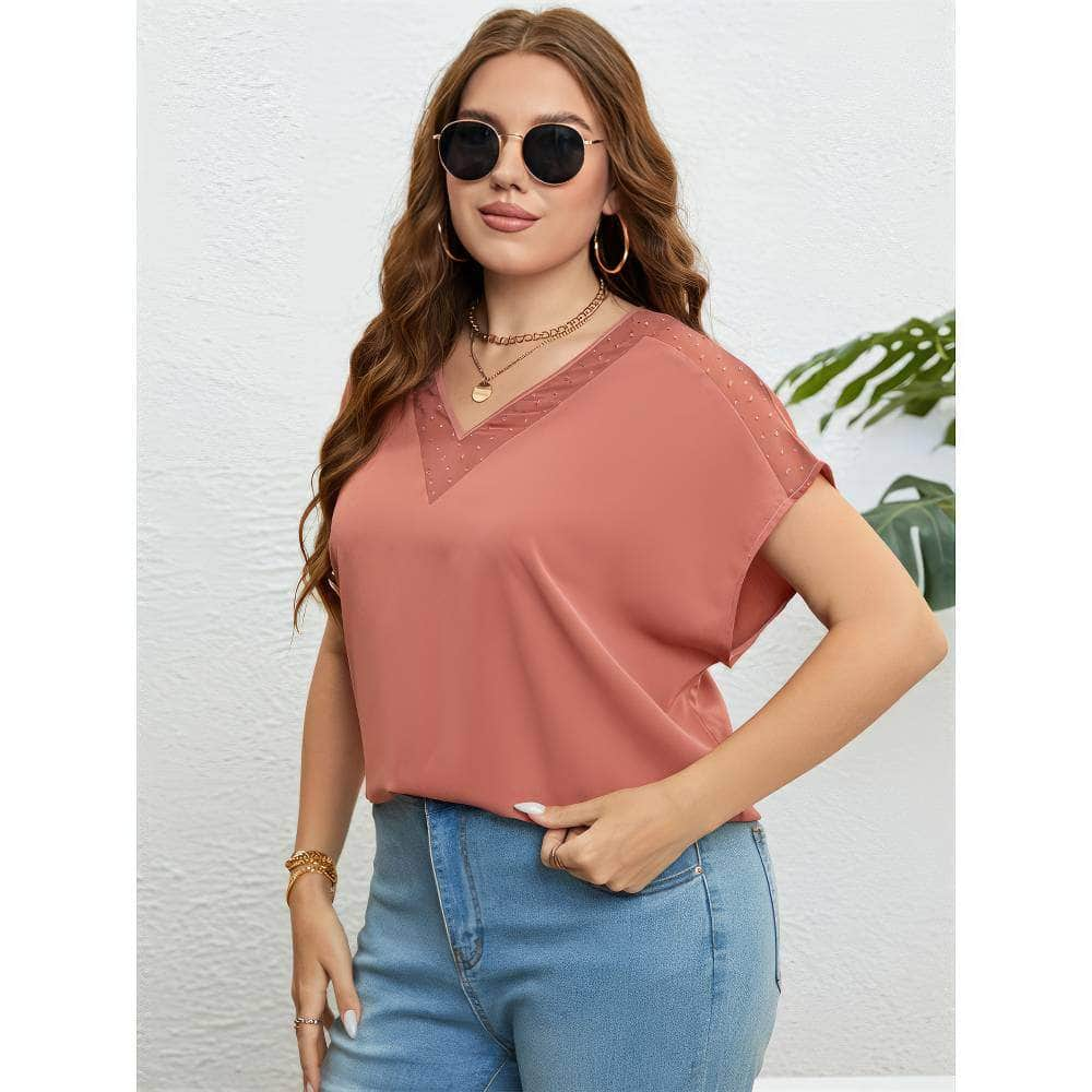 Plus Size V-neck Batwing Sleeves Mesh Detailed Blouse