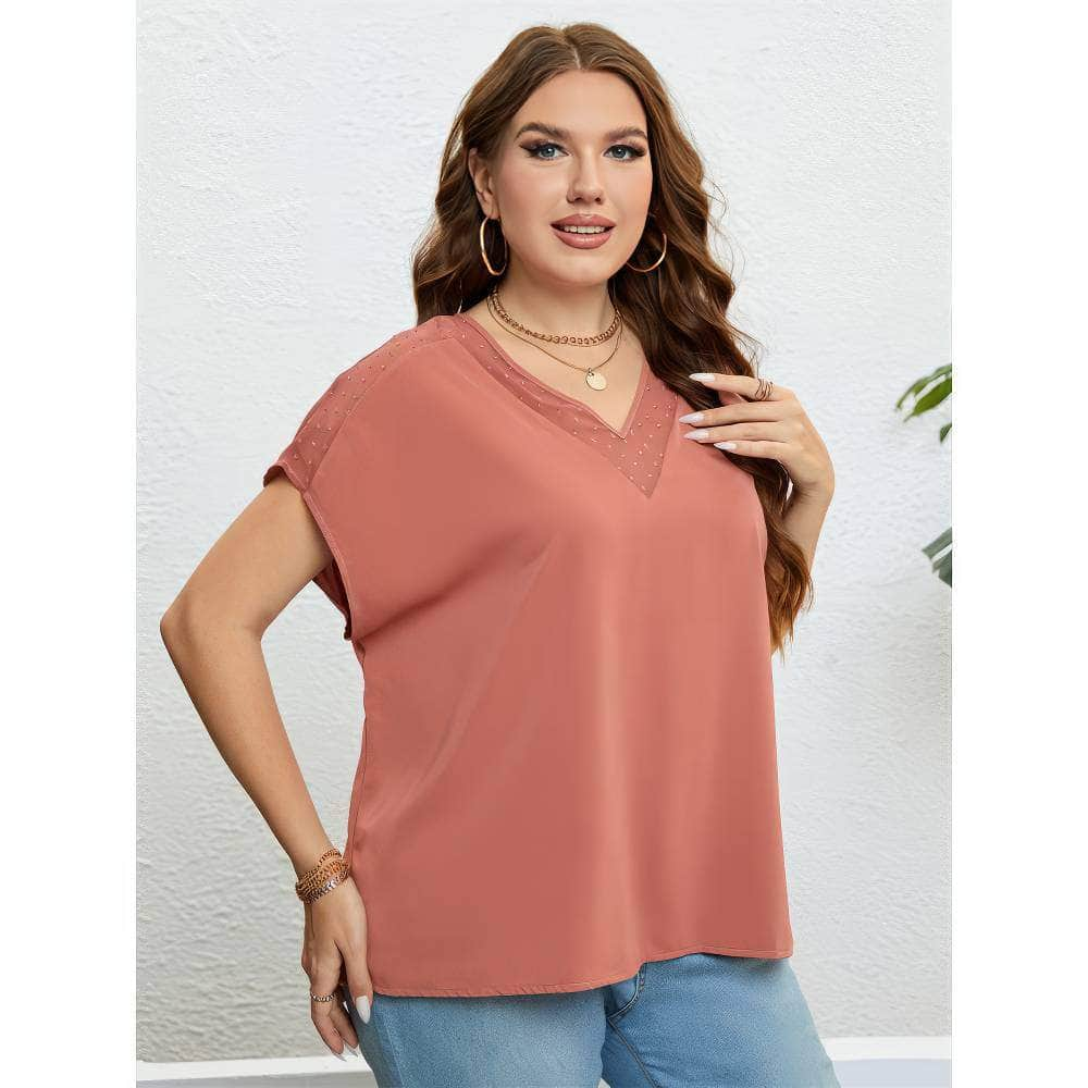 Plus Size V-neck Batwing Sleeves Mesh Detailed Blouse