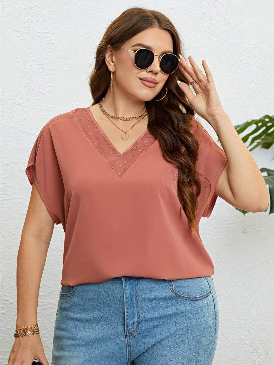 Plus Size V-neck Batwing Sleeves Mesh Detailed Blouse US 16-18 / Salmon