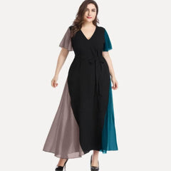 Plus Size V Neck Flared Short Sleeves Multi Tone Maxi Dress