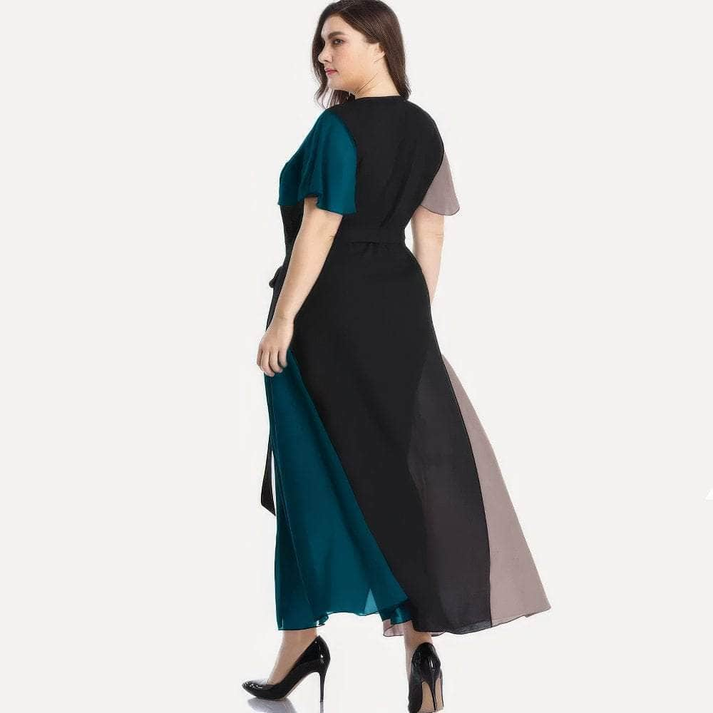 Plus Size V Neck Flared Short Sleeves Multi Tone Maxi Dress