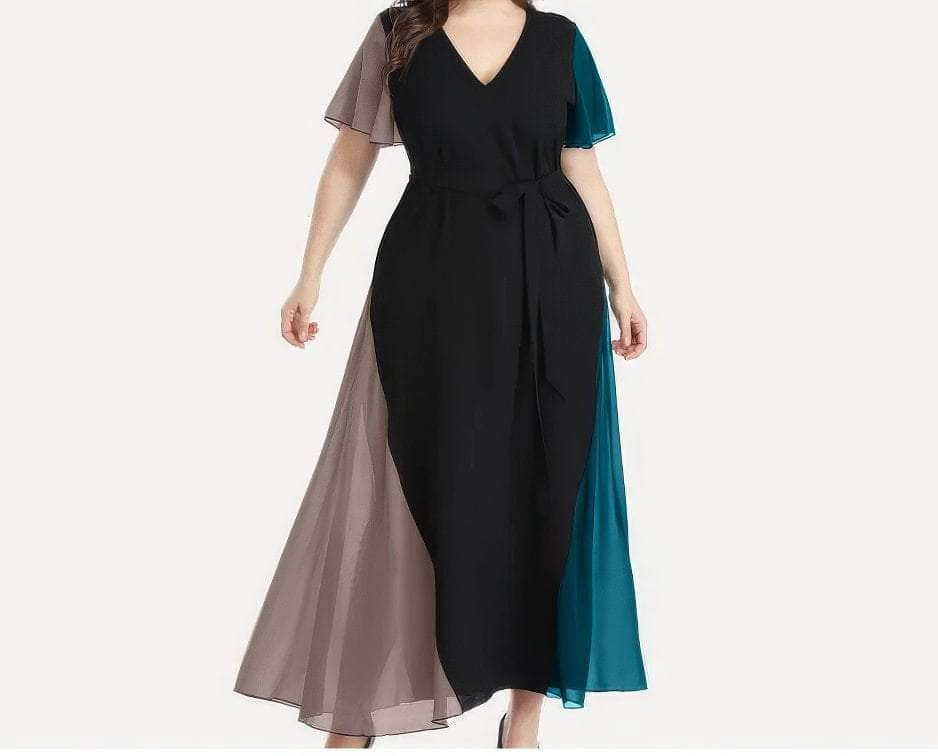 Plus Size V Neck Flared Short Sleeves Multi Tone Maxi Dress