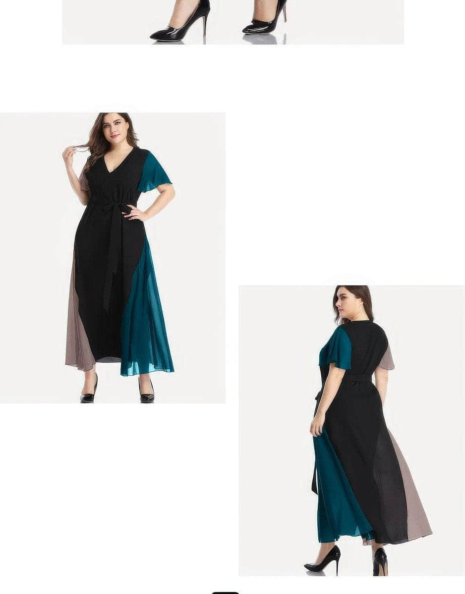 Plus Size V Neck Flared Short Sleeves Multi Tone Maxi Dress