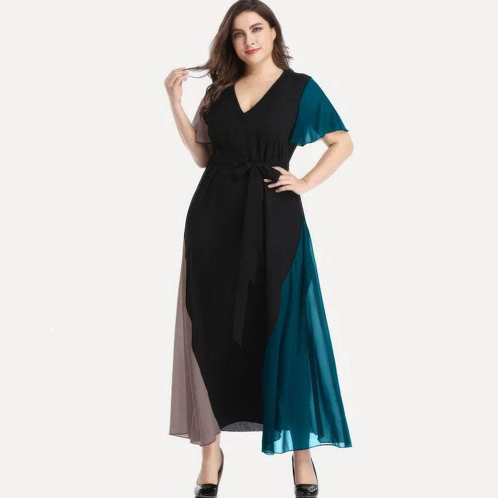 Plus Size V Neck Flared Short Sleeves Multi Tone Maxi Dress