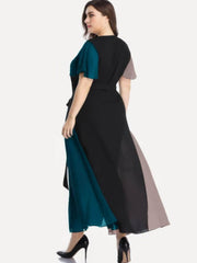 Plus Size V Neck Flared Short Sleeves Multi Tone Maxi Dress