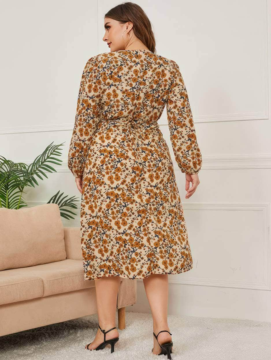 Plus Size V Neck Lantern Sleeves Floral Print A-line Dress