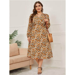 Plus Size V Neck Lantern Sleeves Floral Print A-line Dress