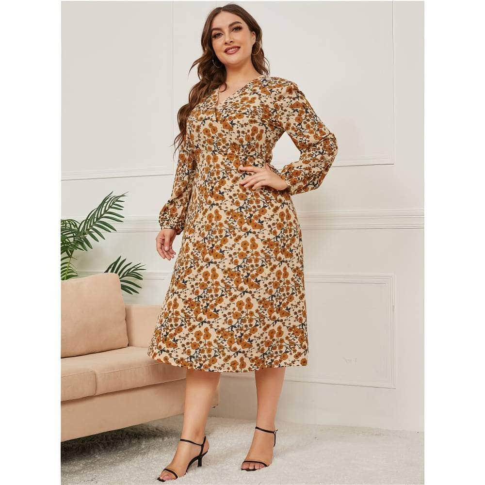 Plus Size V Neck Lantern Sleeves Floral Print A-line Dress