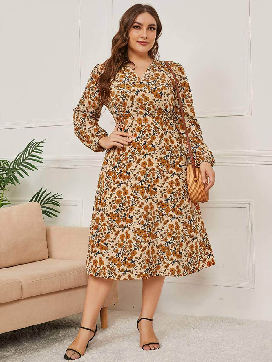 Plus Size V Neck Lantern Sleeves Floral Print A-line Dress US 16-18 / DarkOrange